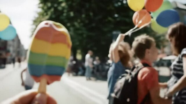 Colorful popsicle held by child in festive outdoor street scene  