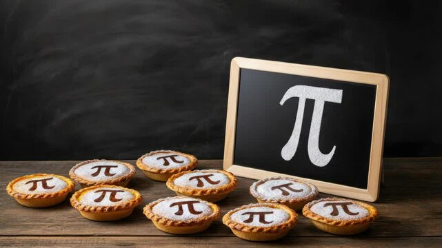 Mini pies with pi symbol on chalkboard, concept of Pi Day celebration, math theme