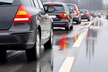 Fototapeta premium Line of cars waiting in traffic on a rainy day with wet road reflections