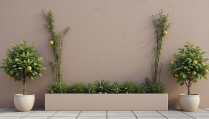 minimalist garden design features potted lemon trees and lush green plants against neutral wall, creating serene and refreshing outdoor space