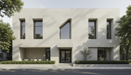 modern, minimalist building with large windows and geometric design elements is surrounded by greenery, creating serene and contemporary urban environment