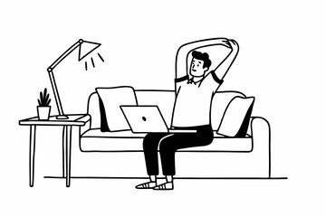 Businessman in casual is sitting comfortable sofa to stretching his arms and shoulder pain from office syndrome while using laptop to working and typing information business project at home
