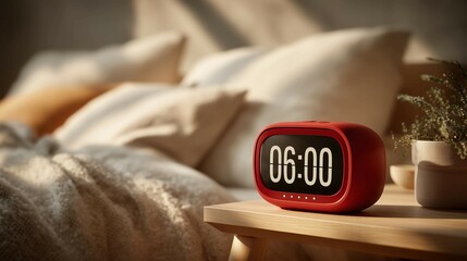 Red digital alarm clock on a bedside table,morning light,minimalist interior design