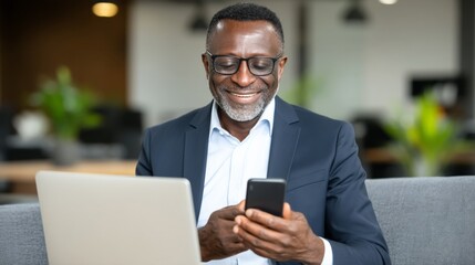Businessman using smartphone in modern office environment with laptop and plants