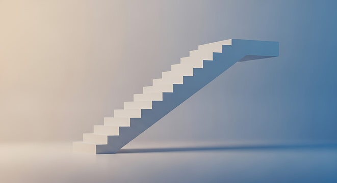 Minimalistic white stairway against a soft gradient background representing a stairway to nowhere
