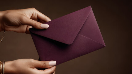 Elegant hands carefully hold a rich purple envelope in a dimly lit setting, hinting at a secret message waiting to be revealed in an intimate atmosphere