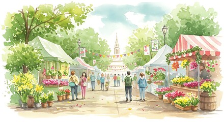 Watercolor street fair scene with flower stalls, people strolling