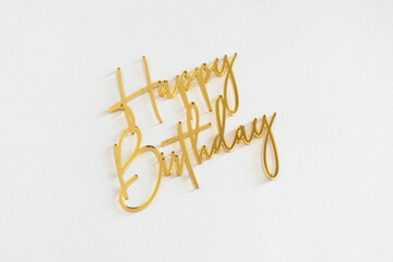 Happy birthday inscription on white background. Festive inscription for anniversary birthday, surprise.	