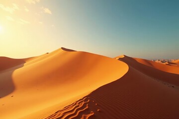 Golden light crests sand dunes, illuminating a vast, still desert landscape , expanse, desert landscape