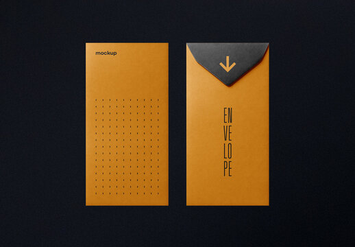 Vertical Envelope Mockup &ndash; Stylish PSD Template with Front and Back View on Black Background for High-End Mail Branding and Minimal Stationery Design Display