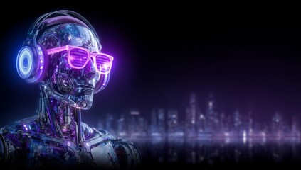 Obraz premium Digital Robot in a Futuristic Cyberpunk Metaverse Virtual Reality Gaming Environment
