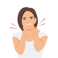 Woman clutches her neck and shoulders with a pained expression, Discomfort in that area. Flat vector illustration isolated on white background