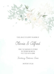 Herbal eucalyptus watercolor vector banner frame. Hand painted branches, rose, dahlia flowers on white background. Greenery wedding invitation. Watercolor card. All elements are isolated and editable