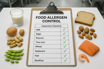 FOOD ALLERGEN control checklist surrounded by common allergenic foods used in food quality engineering to support regulatory compliance and safe manufacturing processes..