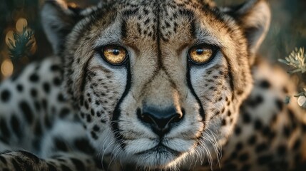 Obraz premium A peaceful cheetah rests on the grass of the savanna, attentive to the world around it in the wild