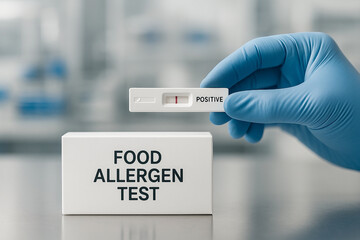 FOOD ALLERGEN test kit showing positive result held by gloved hand in laboratory environment, representing precision testing in food engineering and safety management systems..