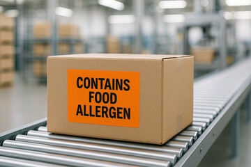 FOOD ALLERGEN labeled cardboard box on conveyor belt inside modern food processing facility ensuring allergen identification and compliance in manufacturing operations..