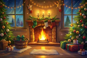 Cozy Christmas Fireplace Scene Festive Winter Background Illustration