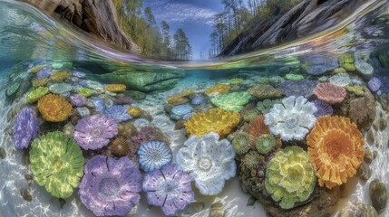 A protected conservation area boasts a thriving coral reef ecosystem with an array of corals, transparent waters, and abundant marine life under sunny skies