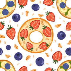 Bright seamless vector pattern with sweet bagel and berry. Donut with cream and strawberry and blueberry, cereals. Summer food.