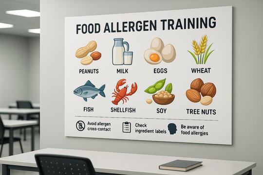 Food allergen training poster displaying major allergens and safety instructions in classroom environment for food industry personnel education and hazard identification..
