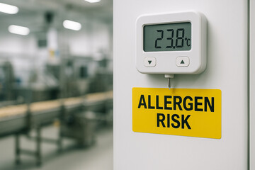 Food allergen risk sign with temperature monitoring device in a food engineering facility ensuring environmental control and safety in allergen management process..