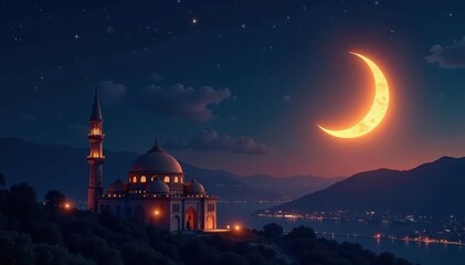 Obraz premium Golden crescent moon hangs low, casting a serene glow on a quiet Ramadan night , crescent, tradition