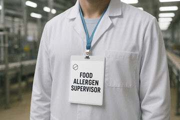 Food allergen supervisor wearing identification badge in a food processing facility ensuring quality assurance and allergen control in compliance with engineering standards..