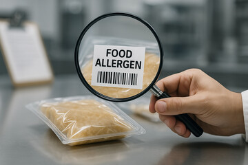 Food allergen label inspection using magnifying glass on packaged product to verify allergen presence and compliance in food engineering quality assurance process..