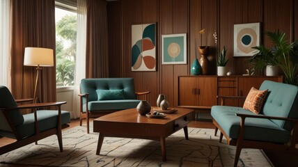 Mid-century modern living room with teal accents and wood paneling