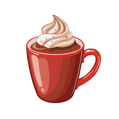 Vector illustration of a rich and velvety hot chocolate with whipped cream on white background