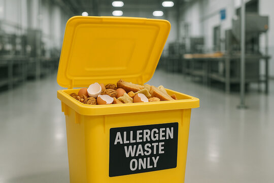 Food allergen waste bin filled with discarded allergenic food residues such as nuts, eggs, and bread in a controlled food engineering processing environment..