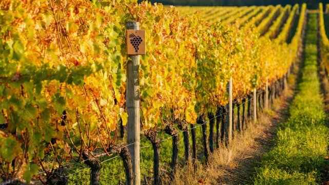 Autumn vineyard with colorful grapevines in rows and vine sign