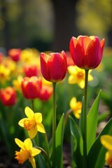 Obraz premium Vibrant tulips and daffodils emerge in spring garden bed, red, bloom