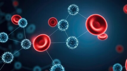 Red and blue cells connected, representing biological network - Powered by Adobe