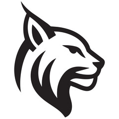 A bold monochrome bobcat head is displayed in profile with sharp angles and a stylized appearance