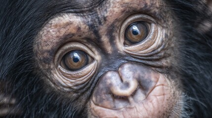 Portrait of a baby chimpanzee set against a jungle backdrop, highlighting wildlife conservation efforts