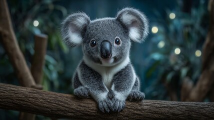Fototapeta premium A blurred background sets the scene for a koala resting on a branch in a zoo enclosure, where wildlife conservation efforts are underway
