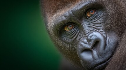 Obraz premium A mountain gorilla's facial features are captured in a wildlife portrait, with a closeup of its eyes revealing the deep amber color and intricate details of its iris in its natural habitat