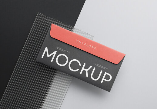 Envelope Mockup &ndash; Stylish DL Format Design with Red Flap on Minimal Black and White Background for Business Correspondence or Identity Presentation
