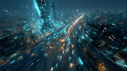 Futuristic city with autonomous vehicles navigating a 3D traffic network, featuring blue light patterns, holographic buildings, emerald data streams, and sleek cyberpunk style in 8K resolution.