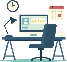 Modern office workspace featuring computer, desk lamp, calendar, clock, and coffee cup, creating productive atmosphere
