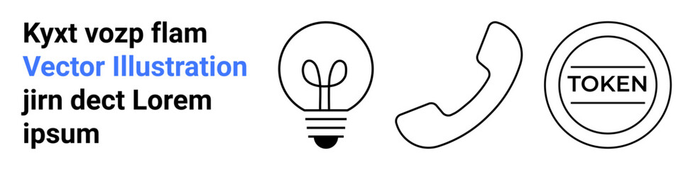 Light bulb, telephone, and circular token with word TOKEN in bold. Ideal for creativity, communication, validation, innovation, technology, branding concepts simple landing page