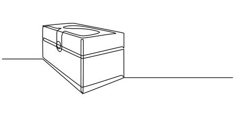 Treasure chest in continuous one line art style. Simple vector illustration, Open empty treasure chest one line continuous. Line art chest. Vector illustration, Treasure minimal banner. One Outline.