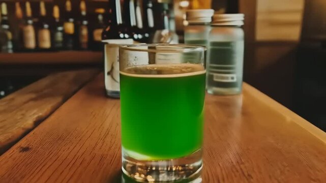 Vibrant green elixir on rustic bar top: An alluring invitation to celebrate