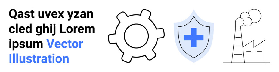 Gear symbolizes industry and mechanics, shield with cross represents health or safety, factory chimneys depict production. Ideal for technology, healthcare, industry, energy, safety, sustainability