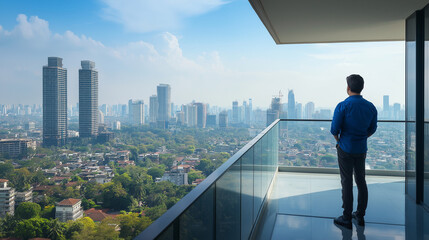 Plakat Man standing on balcony overlooking city skyline
