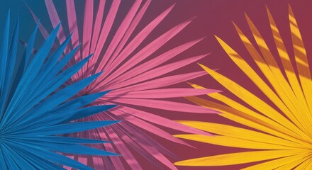 Fototapeta premium Vibrant tropical palm leaves in blue, pink, and yellow on colorful gradient background