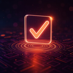 Glowing checkmark icon symbolizes approval and success, set against vibrant, abstract background. design evokes sense of positivity