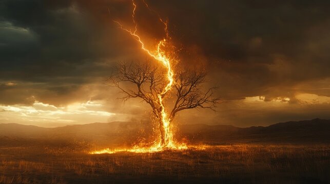 Lightning strike burns a lone tree in dry grassland..